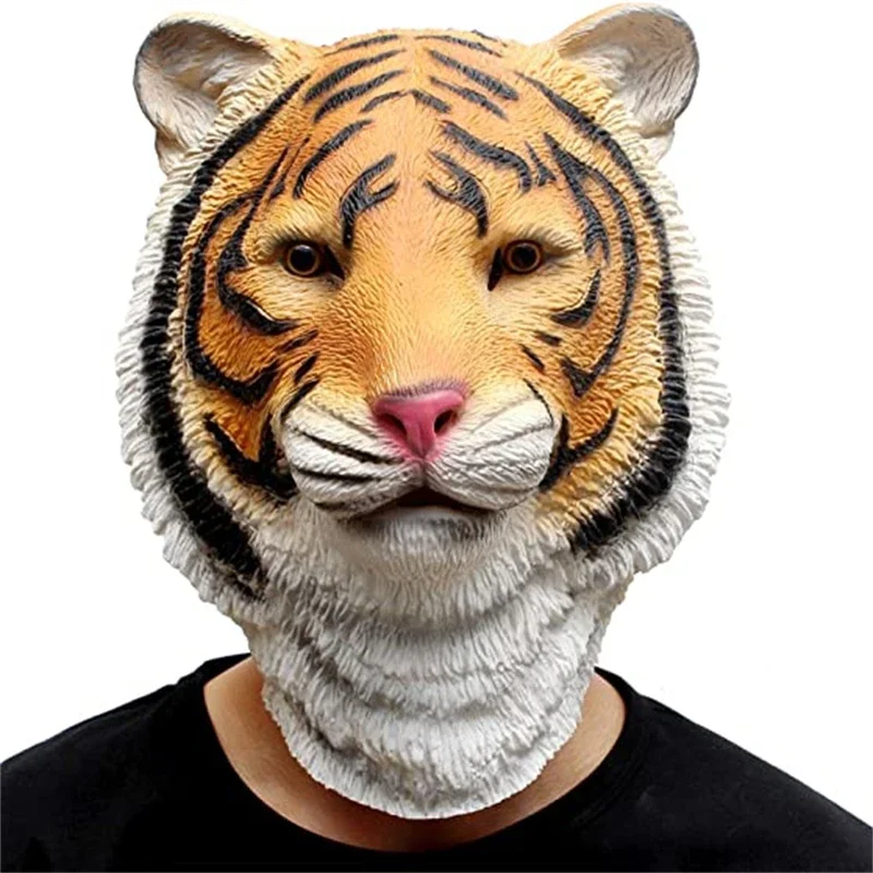 Novelty Halloween Costume Party Animal Jurassic Head Mask Realistic Tiger Latex Mask Mischief Props