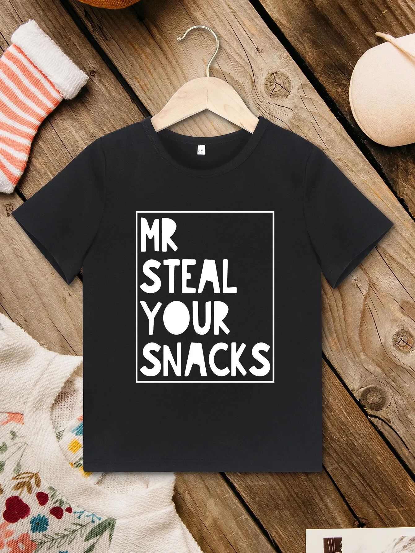 MR.STEAL MY SNACKS Letter Print Boys Girls Creative Stylish T-shirt Casual Lightweight Comfy Crew Neck TeeTops Kids Clothings