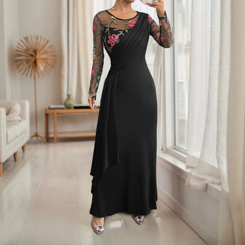 

Autumn 2025 New Collar Mesh Embroidered Long Sleeve Dress