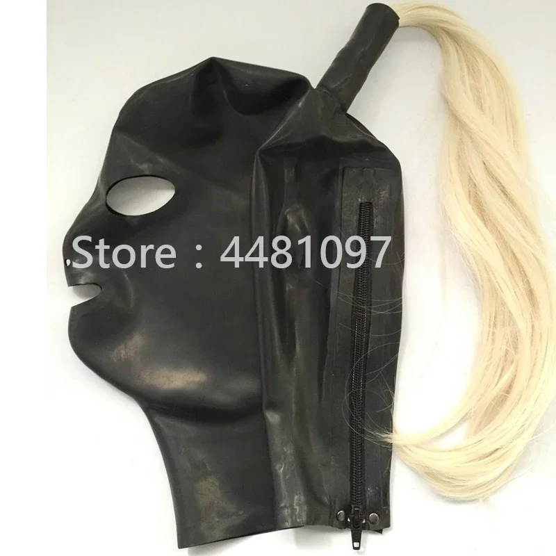 

Latex Cosplay Mask with Wig with Trims Open Eyes Mouth Nose Women Fetish Rubber Hood Customized XS-XXL