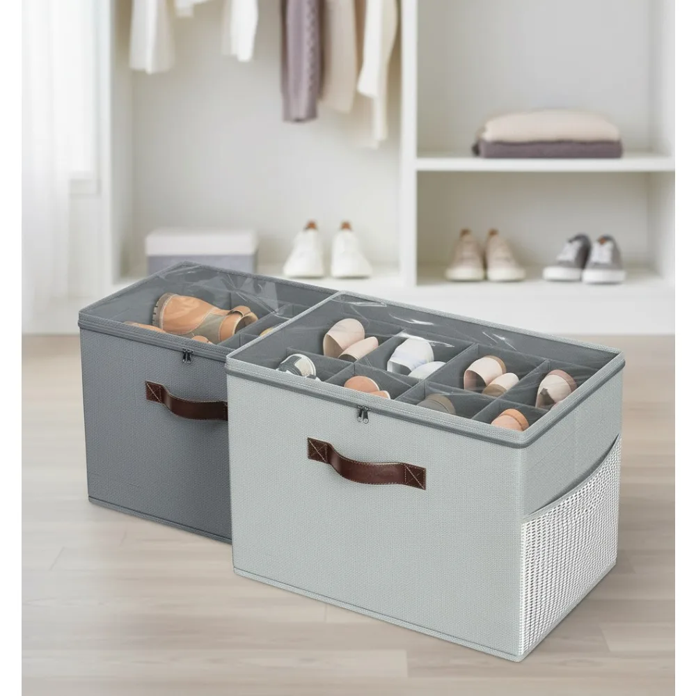 

2-Pack Foldable Shoe Organizer with Adjustable Dividers, Clear Storage Box Fits 16 Pairs, Light Grey Greenish Grey