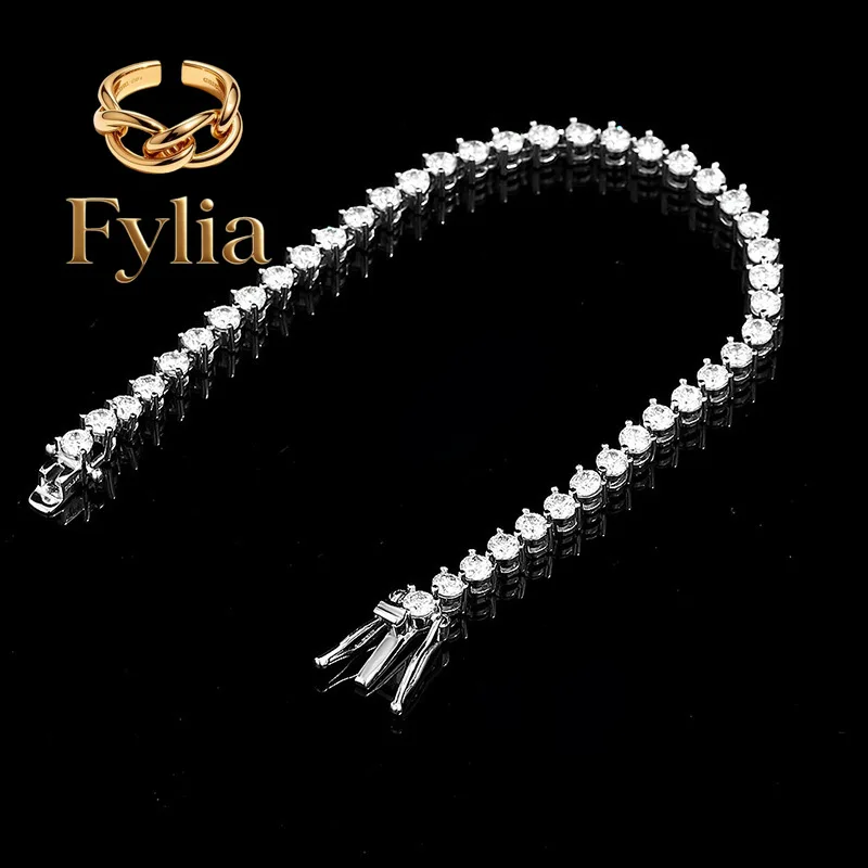 Fylia Jewelry   Luxury Solid Platinum PT950 Women's 3mm 4mm 5mm Three Claw Moissanite Diamond Bracelet Full Diamond Tennis Brace
