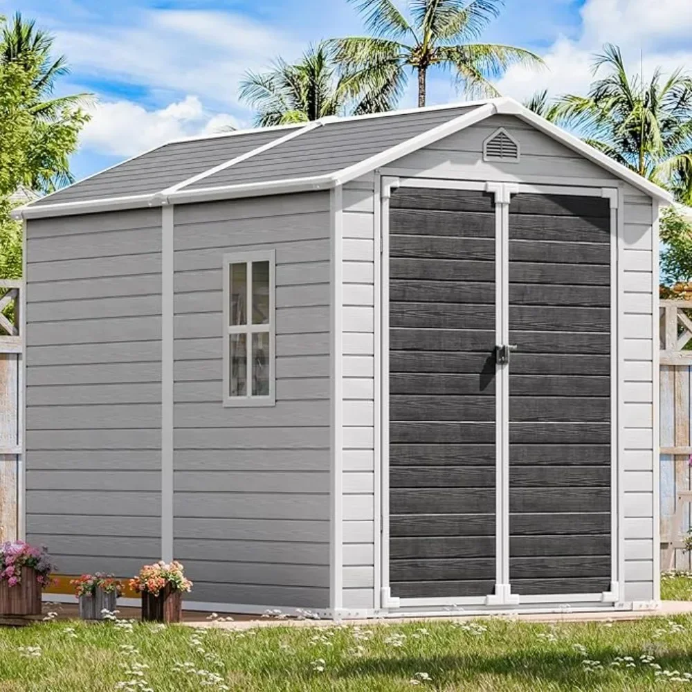 

Outdoor Resin Storage Shed 8x6 FT, Waterproof with Floor Window Lockable Door Included, Plastic Sheds for Garden Tools, Gray