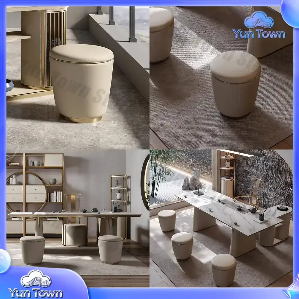 Light luxury tea stool leather dining table dining chair round stool stainless steel pedal stool living room simple bedroom