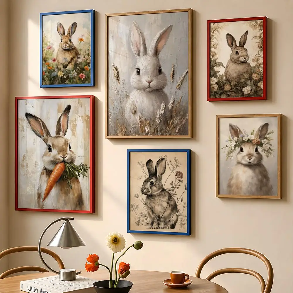 Boho Rabbit Bunny Vintage Poster Rustic Hare Cottagecore Print Poster PP Wall Art Print Removable Home Decor Cafe Apartment Gift