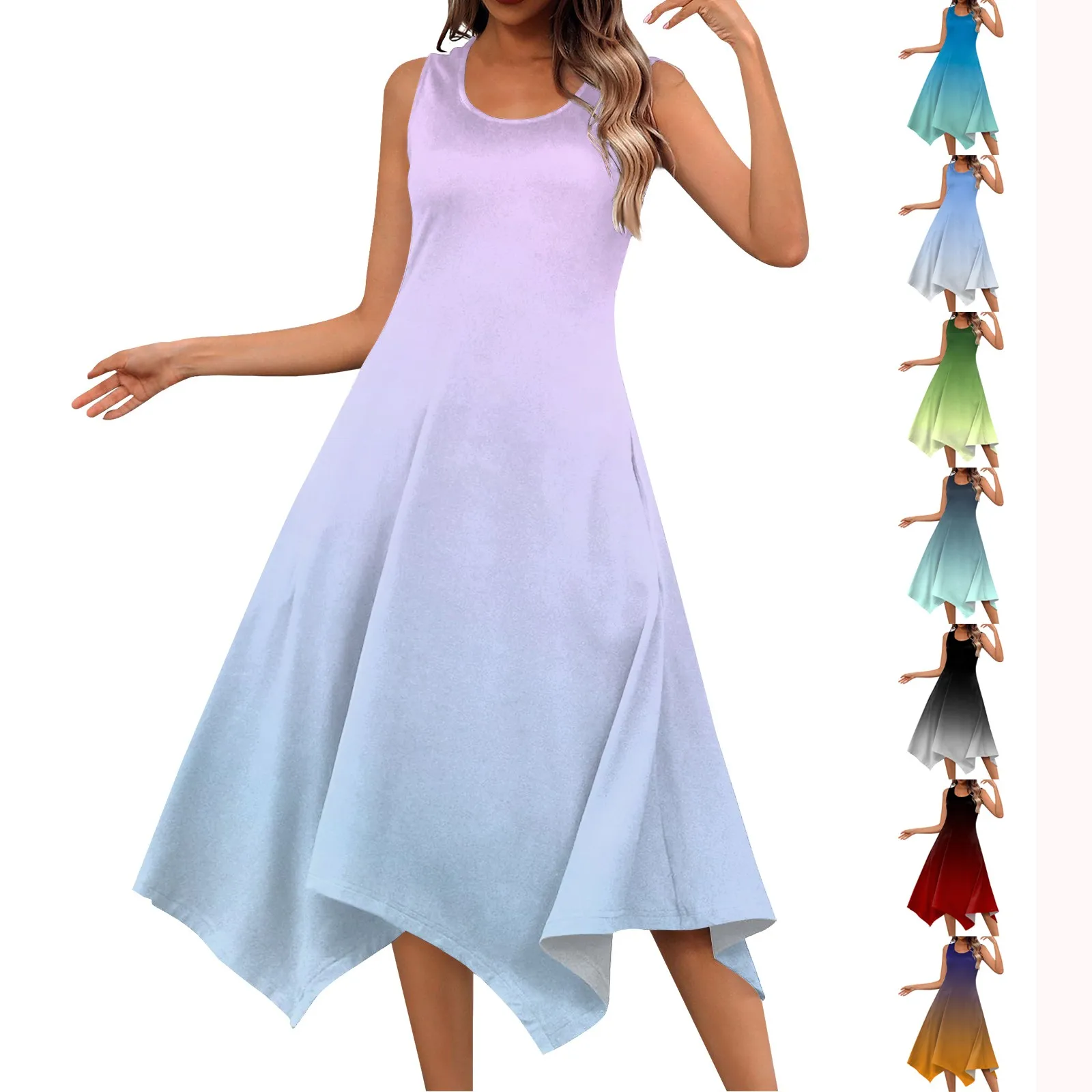 Abito da donna di colore sfumato moda semplice Casual abito da vacanza al mare girocollo senza maniche abito con orlo irregolare con tasche