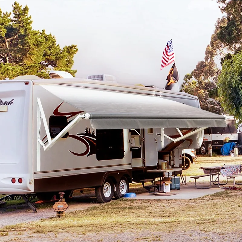 

White Electric Modular Retractable RV Awning Full Kit, RV Trailer Awning for Home or Camper - 15x8 ft - Gray Gradient