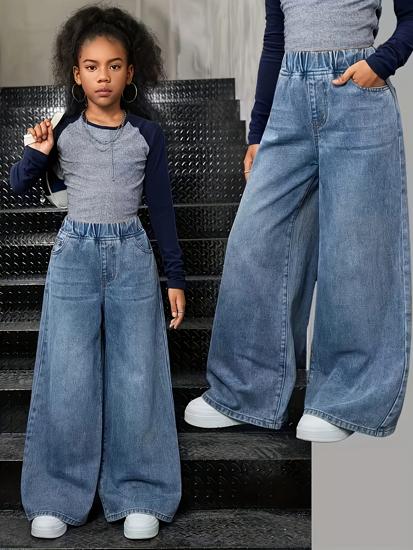 Teenage Girl Straight Leg Jeans Elastic Waist Loose Fit for Daily Outings Shopping Washed Denim Four-Season Long Trousers Christ