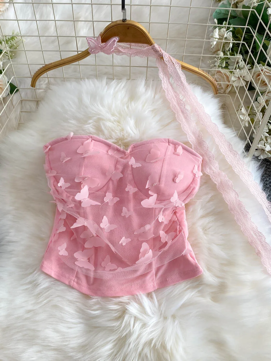 Elegant Romantic  Lace Crop Top Women's Stylish Fairy Tale Style Embellished Vest Sweet 3D Design Commute Friendly