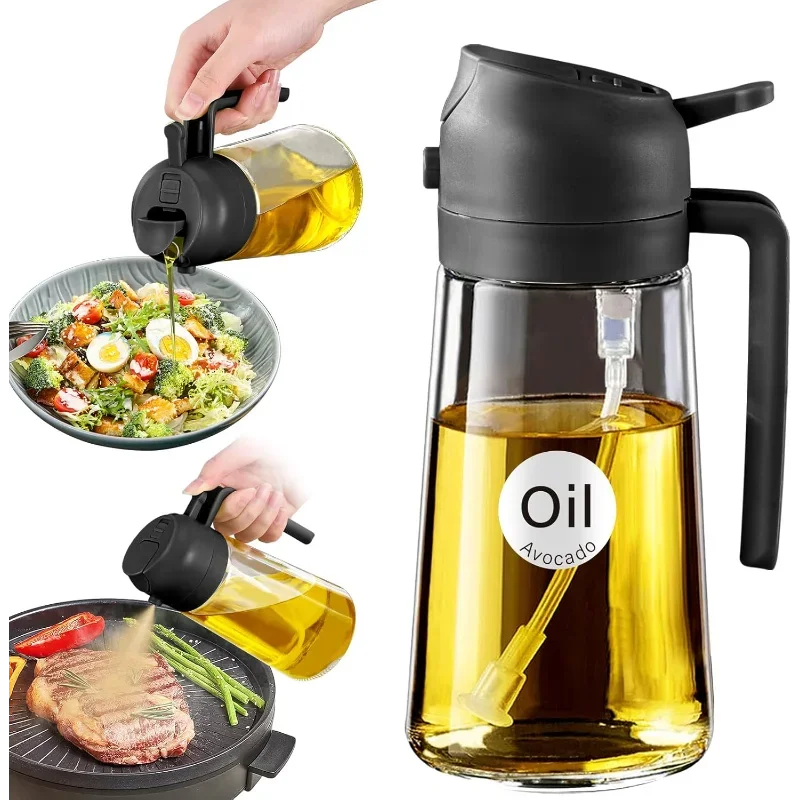 Pulverizador de aceite de oliva de vidrio de 16oz/470ml para cocinar con pegatinas, dispensador de aceite 2 en 1 para utensilios de cocina, para ensalada, freír, barbacoa