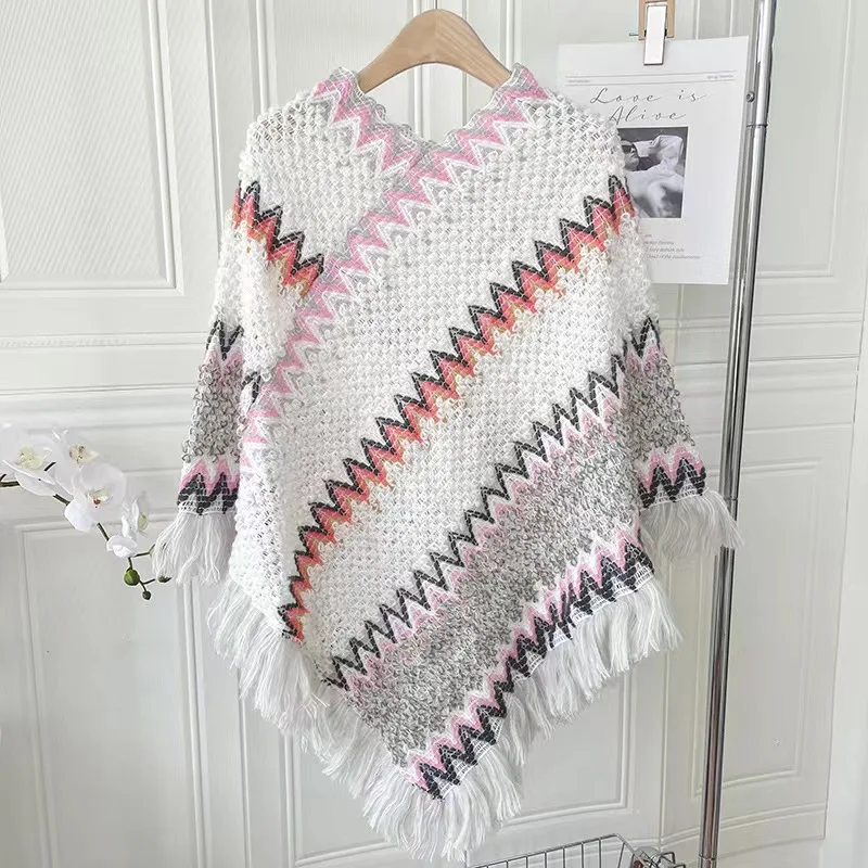 Fashion Striped Tassel Poncho Knitting Cotton Shawl For Woman Ethnic Scarf Ladies Autumn Keep Warm Travel Shawls 65*70cm