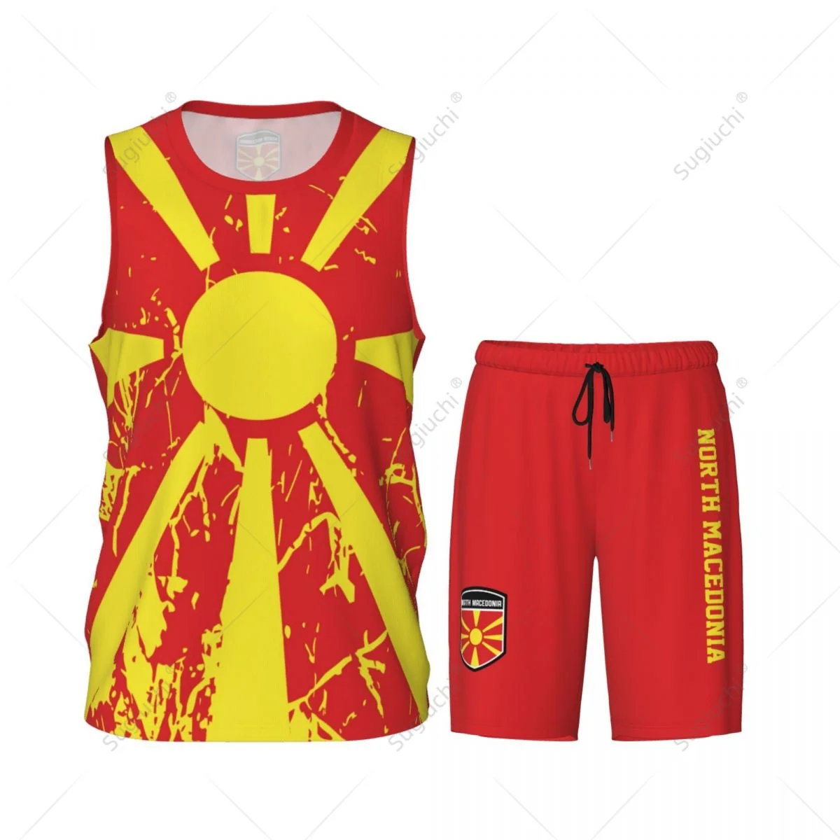 North Macedonia Flag Grain Men Basketball Set Shirt & Pants Sleeveless