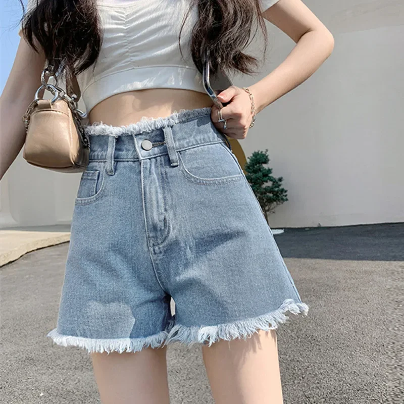 Large Size XS To 5XL Solid Color High Waist Women Shorts Wide Leg Tassels Denim Shorts Female A Line Loose Mini Jeans 2025 New