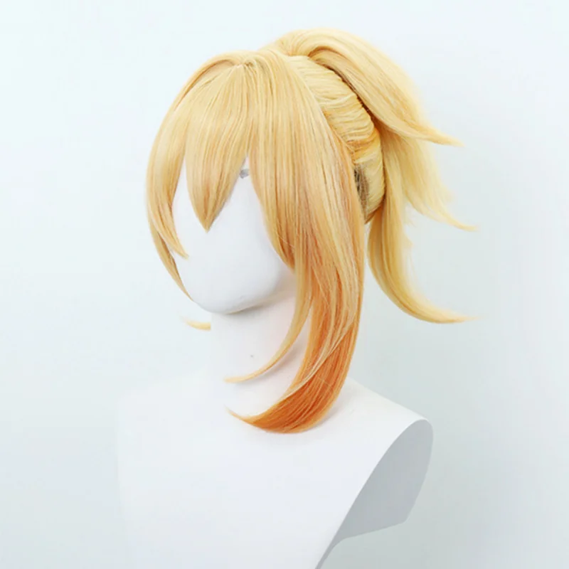 أنيمي شعر مستعار Genshin تأثير شياو قصر شعر مستعار تأثيري مزيج خاص الذهب 50 سنتيمتر كبير فروة الرأس النمر الفم كليب شعر مستعار التصميم