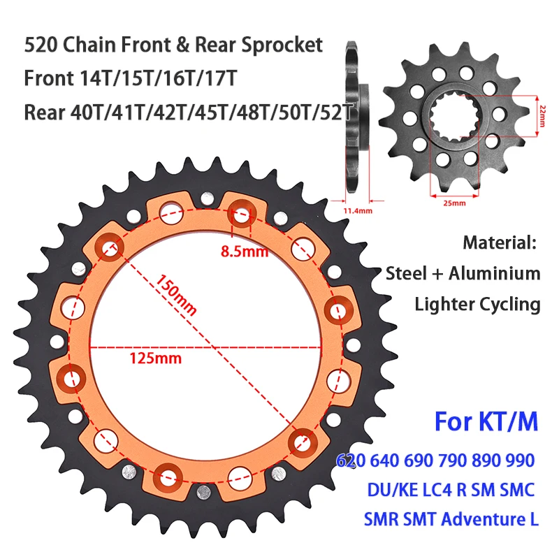 520 14T/15T/16T/17T Front 40T/42T/45T/48T/50T/52T Rear Sprocket For KT/M 620 640 690 790 890 990 DU/KE LC4 R SM SMC Adventure L