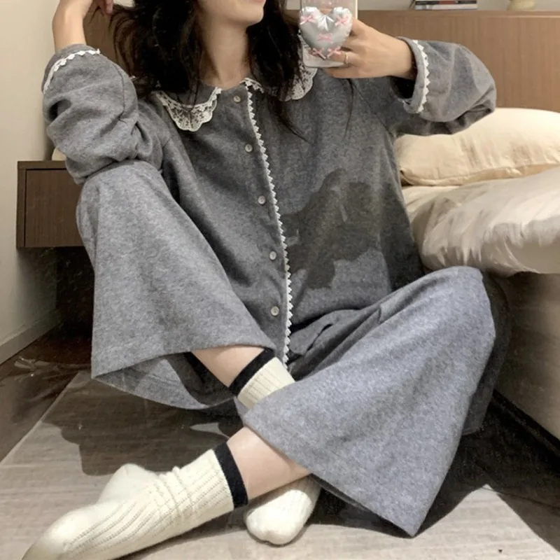 New Sweet Printed Long Sleeve Pajamas Women's Pants Home Set Pijamas Women Женская Пижама