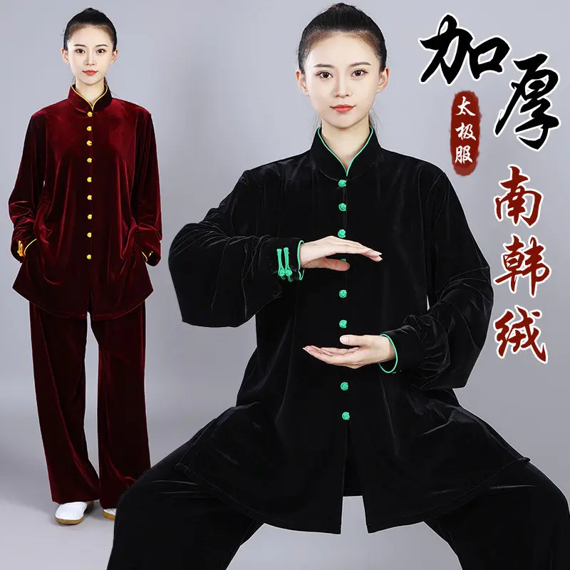Velvet Gold Thread Tai Chi Suit – 350g Korean Velvet Women's Morning Practice Uniform, Men's Wushu Performance Wear,2025 New Au