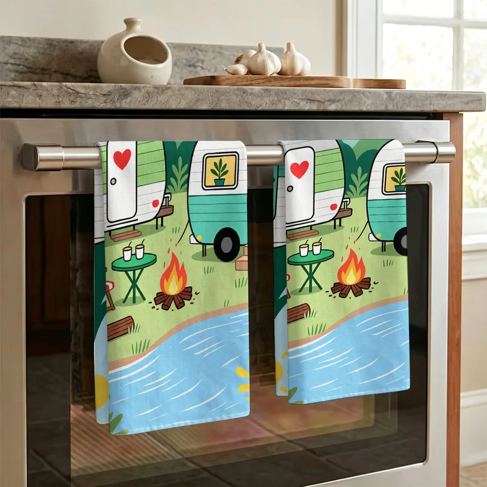 1pc/2pcs Camping Scene and Car Print Kitchen Towel-Super absorbent, reusable polyester dishcloths perfect for home decor, cookin