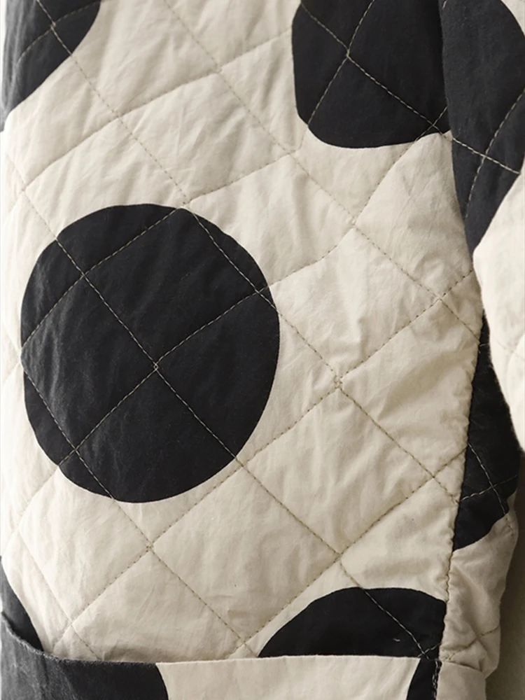 Europeu polka dot impresso para baixo calças de algodão feminino inverno 2025 cintura elástica para uso casual grosso algodão acolchoado calças largas perna