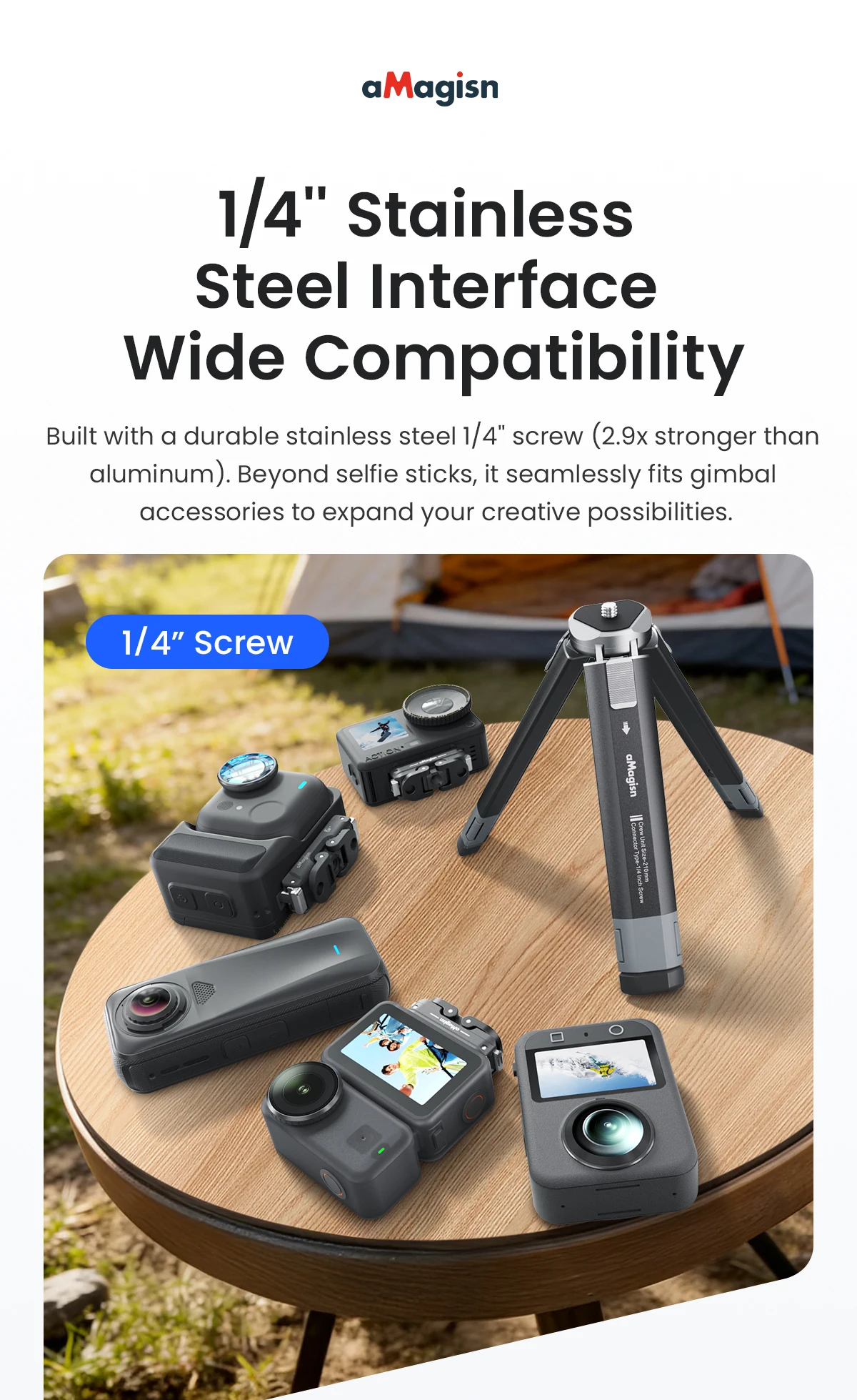 aMagisn Metall-Mini-Stativ für GoPro DJI Insta360 Action-Kameras, 2-stufig verstellbarer Winkel & einziehbare Beine – Detail 9