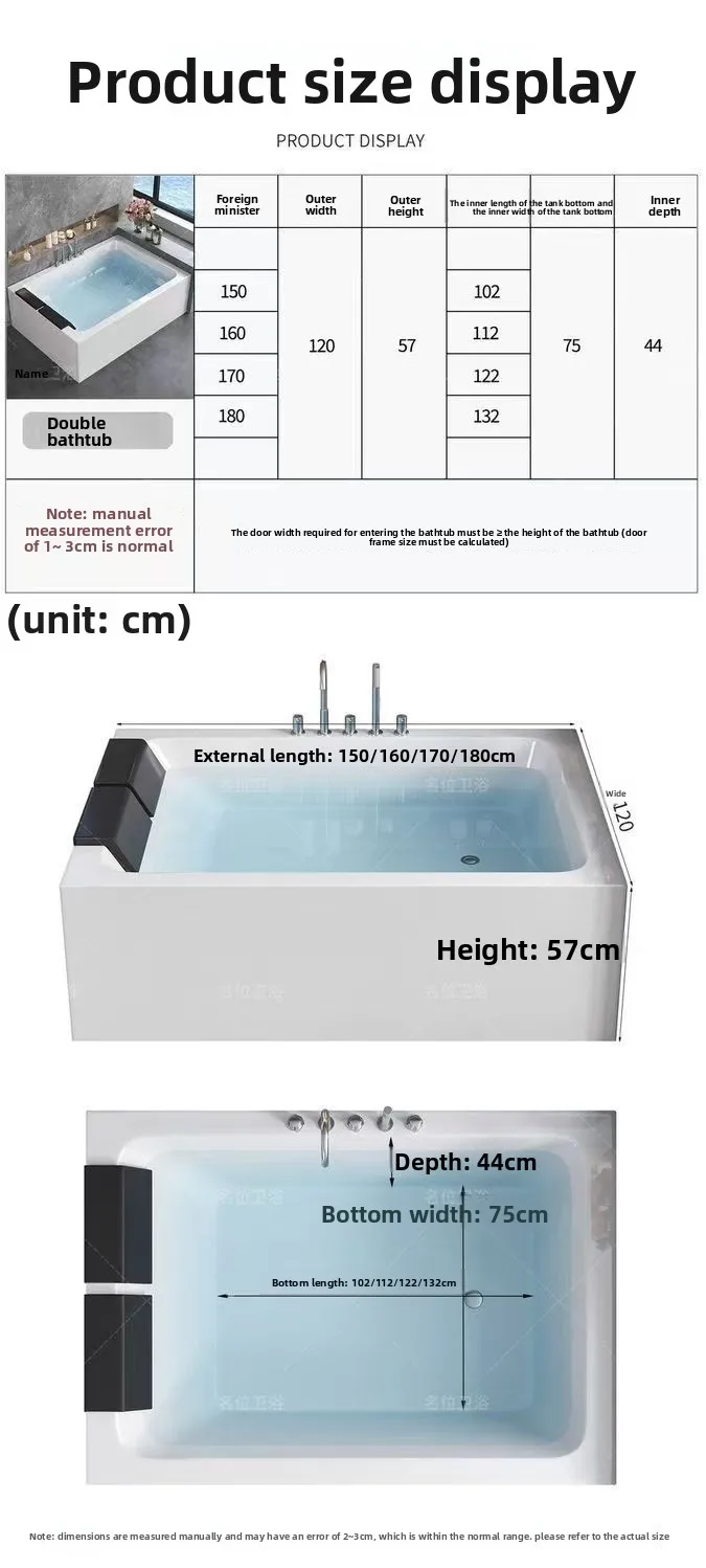 Modern Luxury Hotel Villa Home Double Standing Acrylic Tub For 2 Person Rectangle Bathtub 2 People Soaking