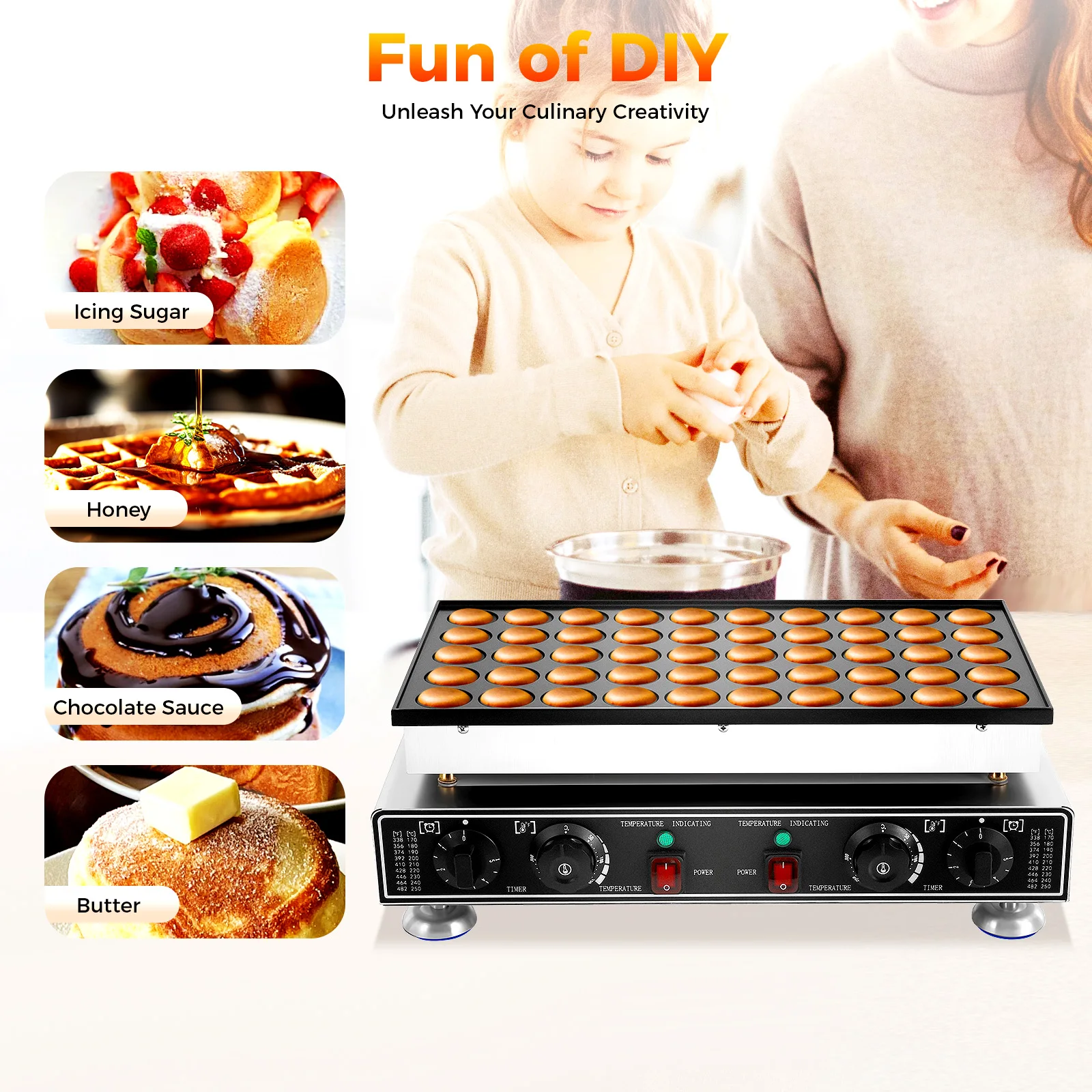 Gaufrier antiadhésif à 50 trous, 1800w, Mini crêpes hollandaises, en acier inoxydable, pour bricolage, muffins, pour magasin de restauration rapide, boulangerie, maison