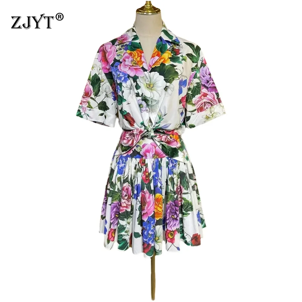 

ZJYT Women 100% Cotton Floral Print Summer Two-Piece Set Short Sleeve Blouse And Skirt Suit Runway Fashion Party Holiday Outfit