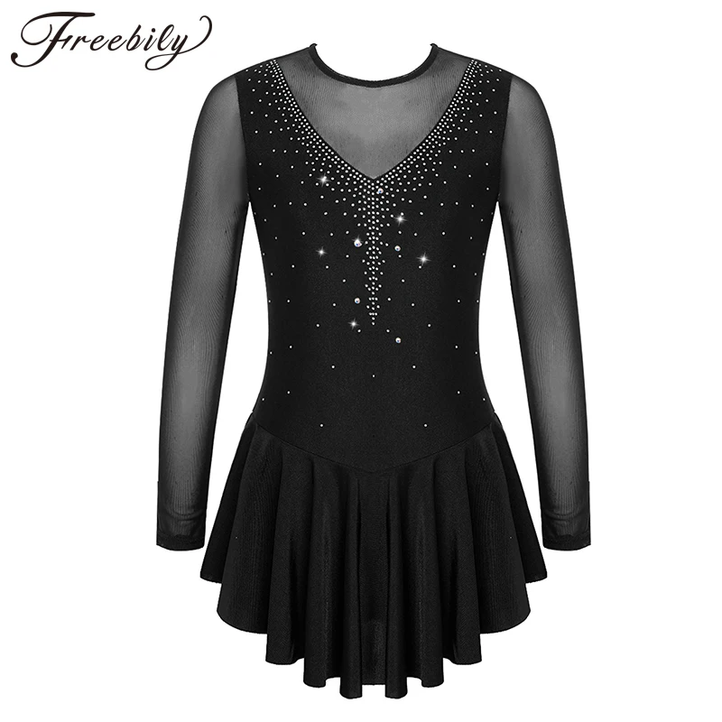 Kids Girls Sheer Long Sleeve Figure Skating Dress Rhinestone Decor Ballet Leotards Dresses Mesh Patchwork Hollow Out Dancewear