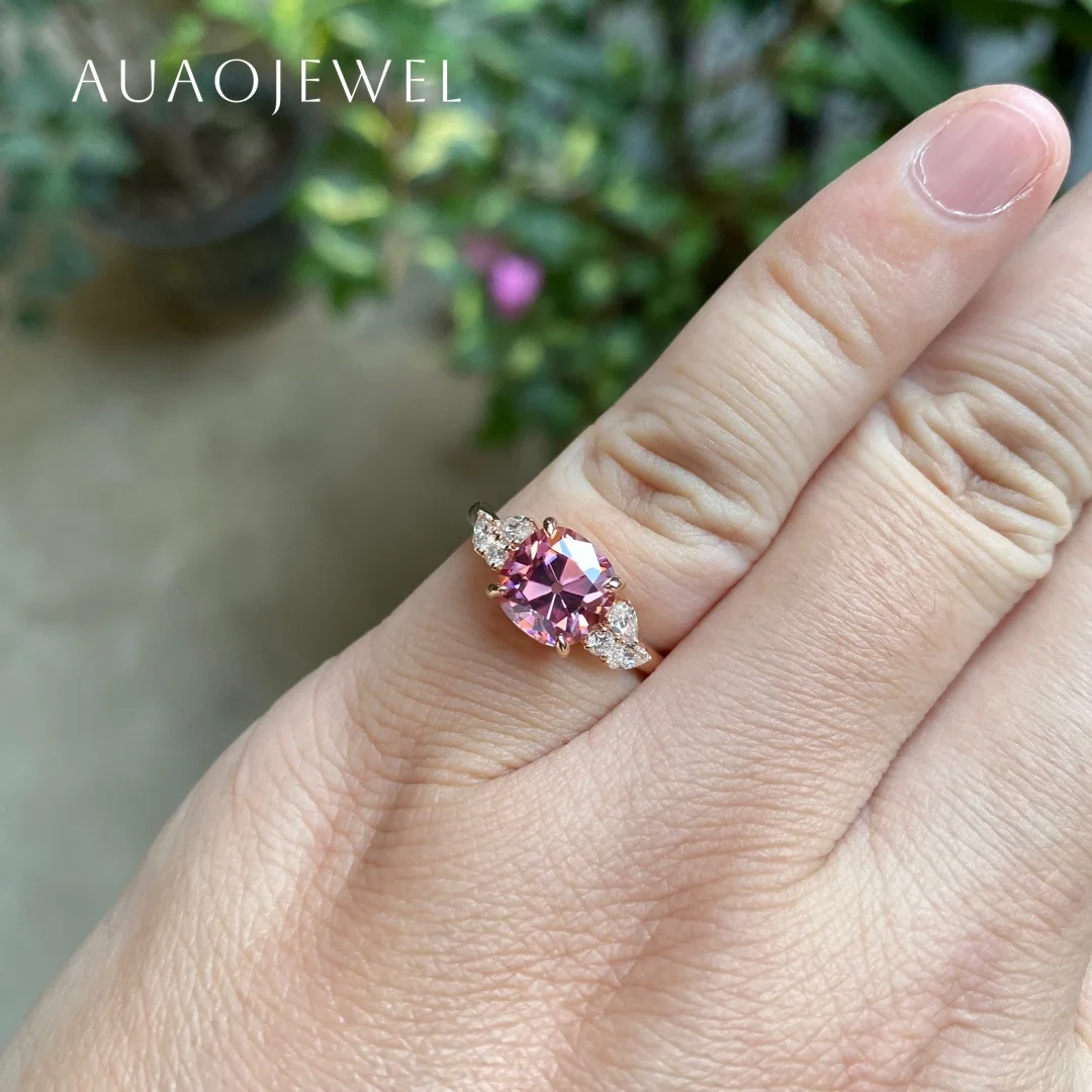 

AUAOJEWEL 7.5Mm Cushion Cut Pink Moissanite Silver Ring Women 18K 9K 14K 10K Real Gold Wedding Fashion Jewelry With Certificate