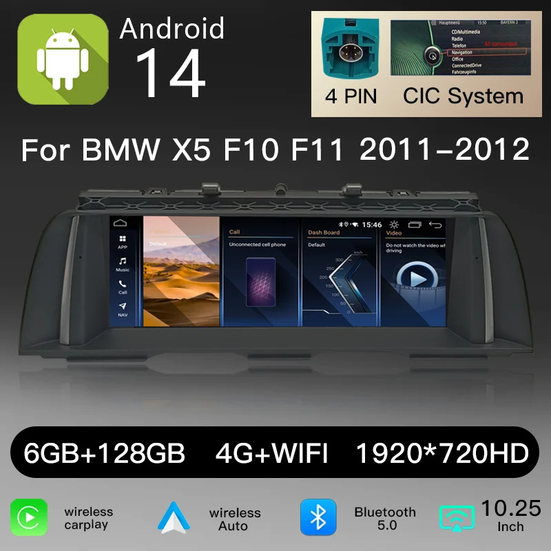 10,25" 1920*720 IPS-scherm, draadloze CarPlay, Android 14 autoradio voor BMW 5-serie F10 F11 NBT CIC 2011-2017, multimedia-speler, DSP, 4G, WiFi, GPS, stereo-hoofdunit