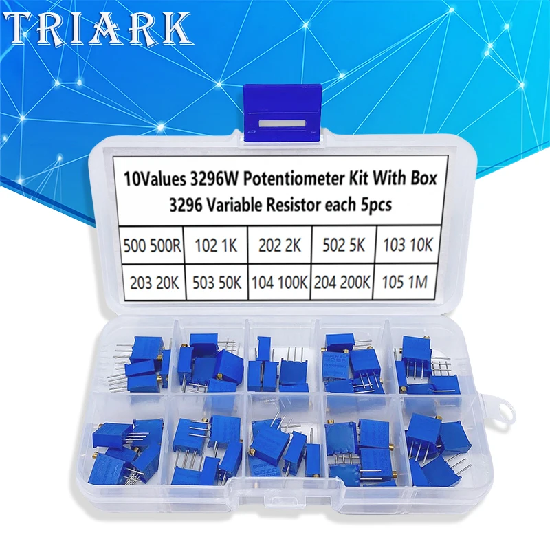 50PCS 3296W Multiturn Trimmer Potentiometer Kit 500R 1K 2K 5K 10K 20K 50K 100K 200K 1M High Precision 3296 Variable Resistor Set