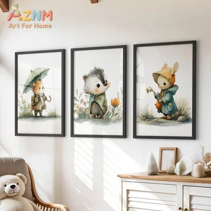 AZNM Watercolor Cute Forest Animal Canvas Wall Art Frameless Poster Fox Hedgehog Rabbit Print Home Decor for Nursery Kids Bedroo
