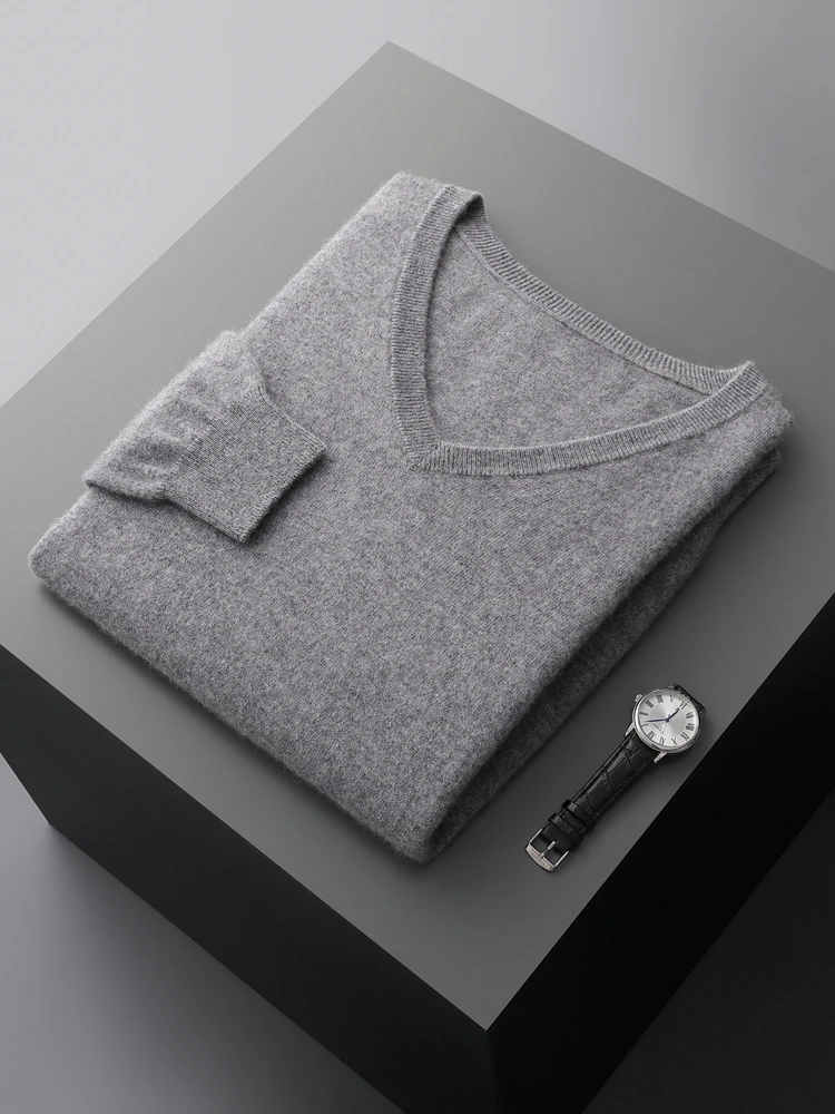 100% Cashmere Business Knitwear Pullovers Men\'s V-Neck Sweater Autumn Winter Long Sleeve Jumpers Casual Clothing Tops