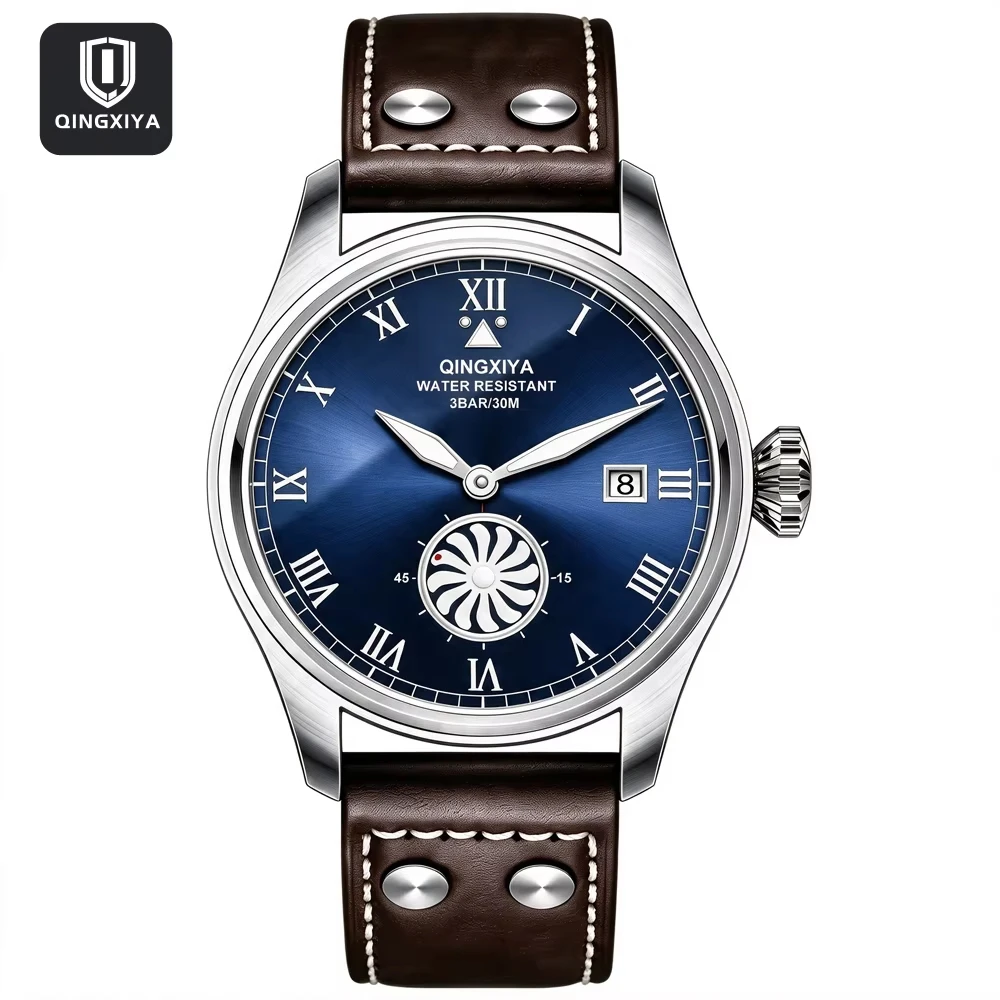 Fashion Male Quartz Watch Turbine Second Subdial Waterproof Leather Band Calendar Wristwatch Premium Quality Men Timepiece