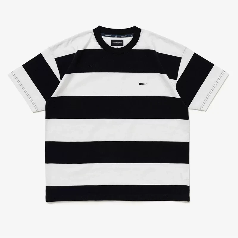 DESCENDANT DCDT Men's Striped T-Shirt Japanese CityBoy Streetwear Embroidered Short Sleeve Crew Neck Loose Fit Casual Summer Tee