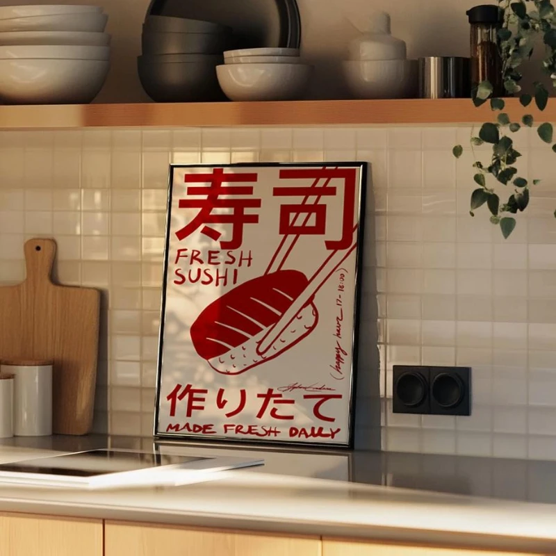 Japandi Sushi Poster, Japanese Wall Art, Kitchen Decor, Retro Wall Art, Asian Food Illustration, Trendy Kitchen Wall Art