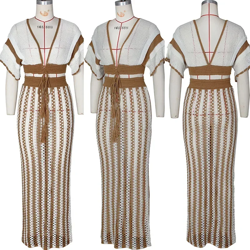 Striped Knitted Two Piece Set Women Outfit Elegant Clubwear Party Hollow Out V-neck Crop Top and Long Skirt Maxi Dress Sets