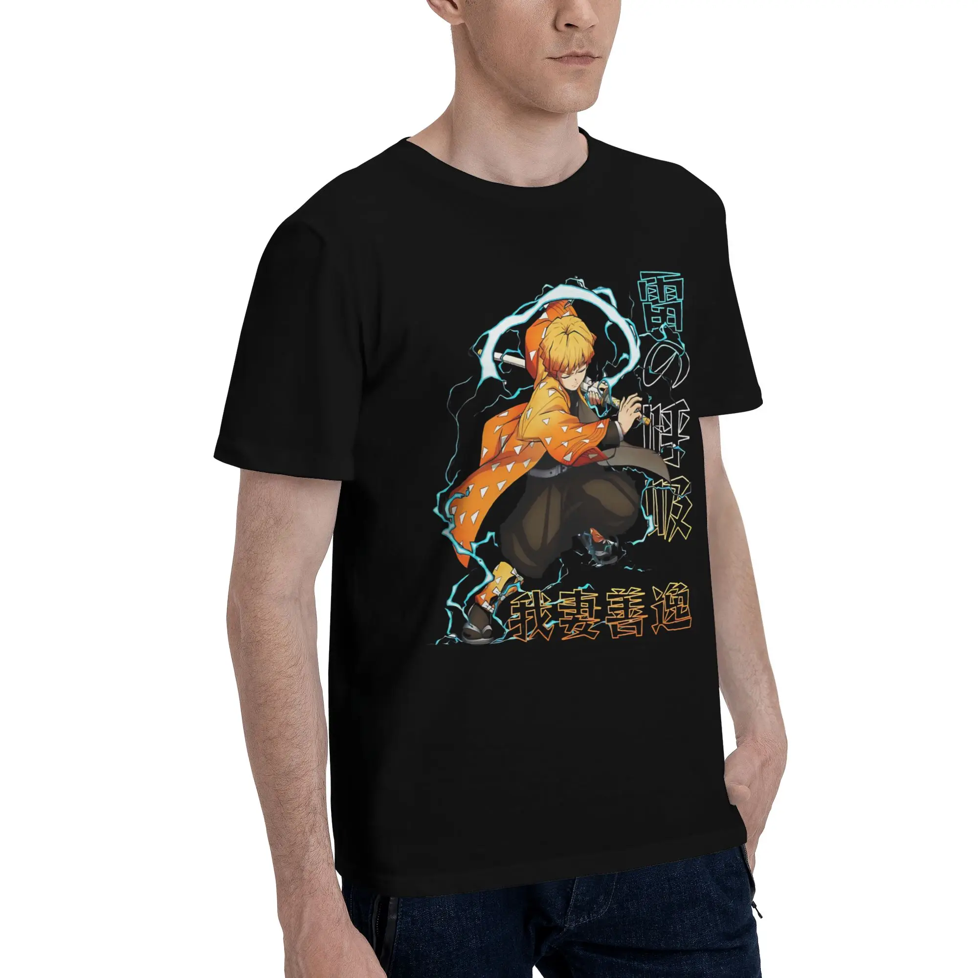 zenitsu   Funny Graphic 100% Cotton T-Shirt Bandai Demon Slayer Tees Tops For Men