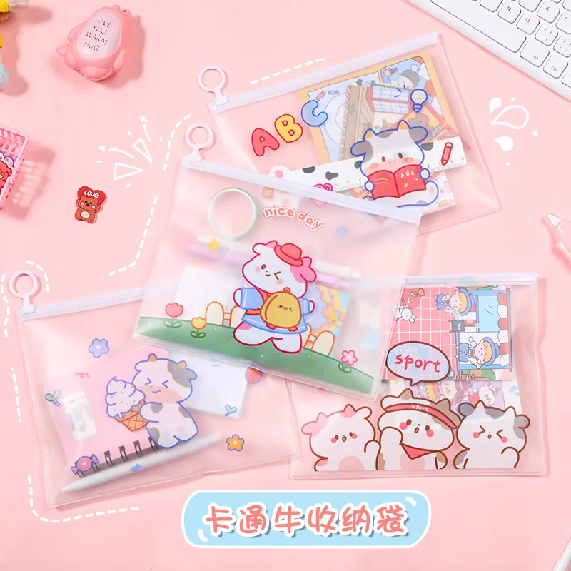 

Cartoon Cow Student Stationery Storage Zipper Bag Waterproof File Bags Learning Transparent Information Bag File Folders