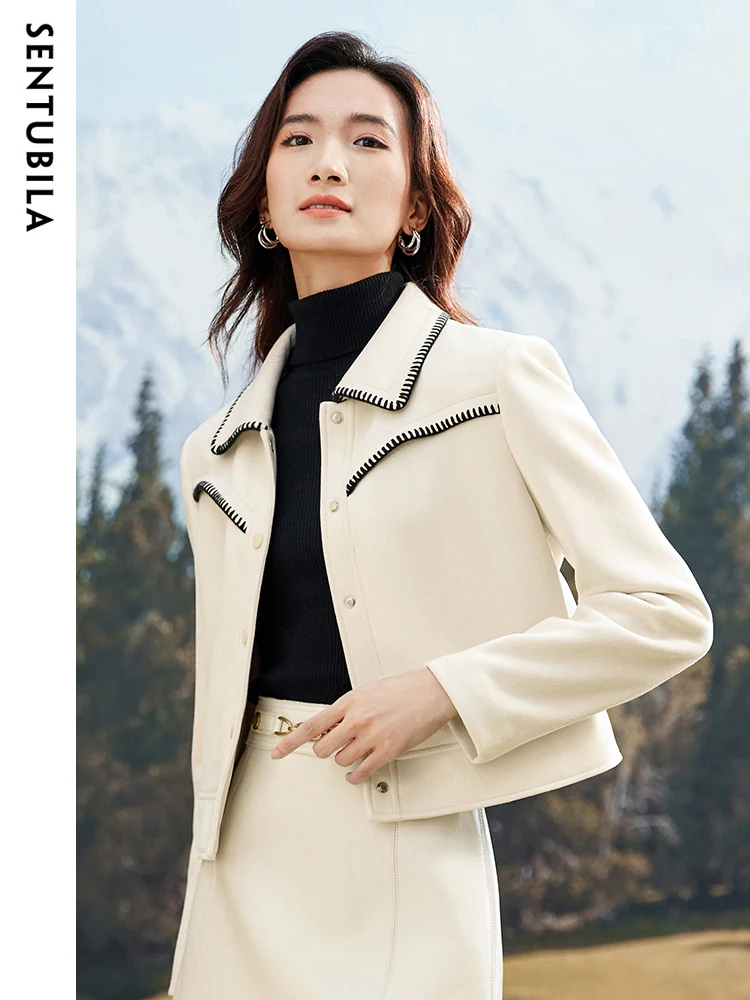 

SENTUBILA High Quality Cropped Coat Women Turndown Collar Jacket Spring Autumn Fashion New Outwear Top Female Clothing 133W50946