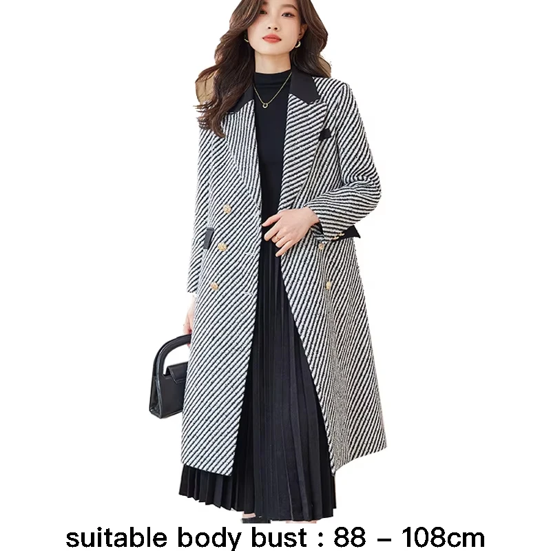 

High quality wool blend long trench coat for women double breasted new winter 2024 elegant clothes - black and white striped