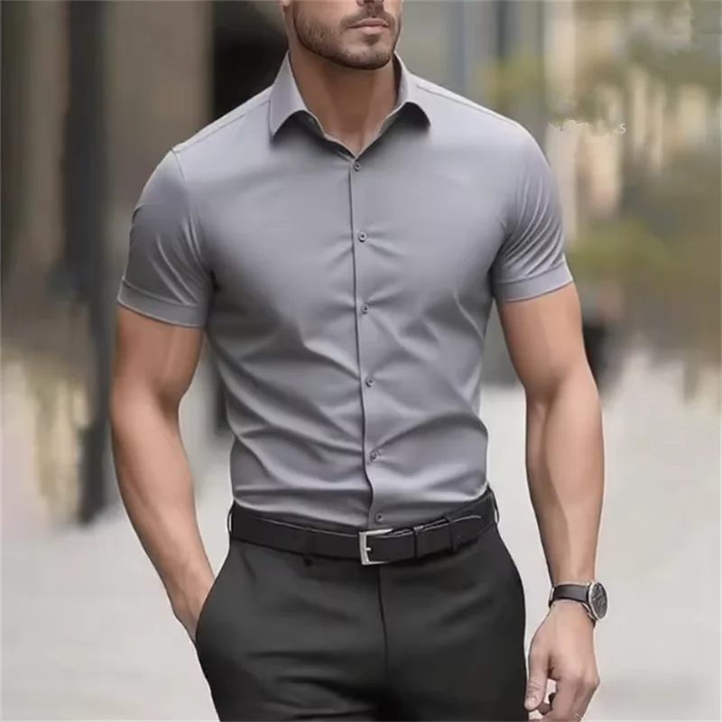 Men's Summer Business Shirt Short Sleeve Stretch Fabric Black Without Pocket Slim Fit Male Social Dress Shirt High Quality 5XL