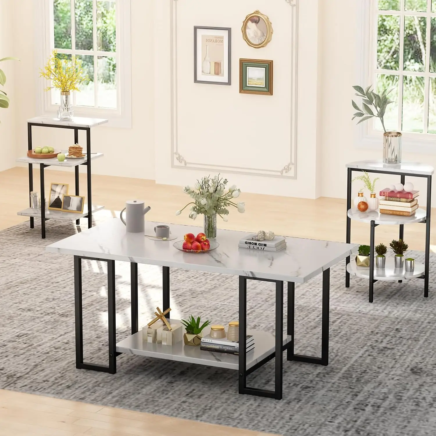 

Faux Marble Table Set,Coffee Table & 2 Side Table, Faux Marble Tabletop And Metal Frame, 3 Piece Table Sets, For Living Room