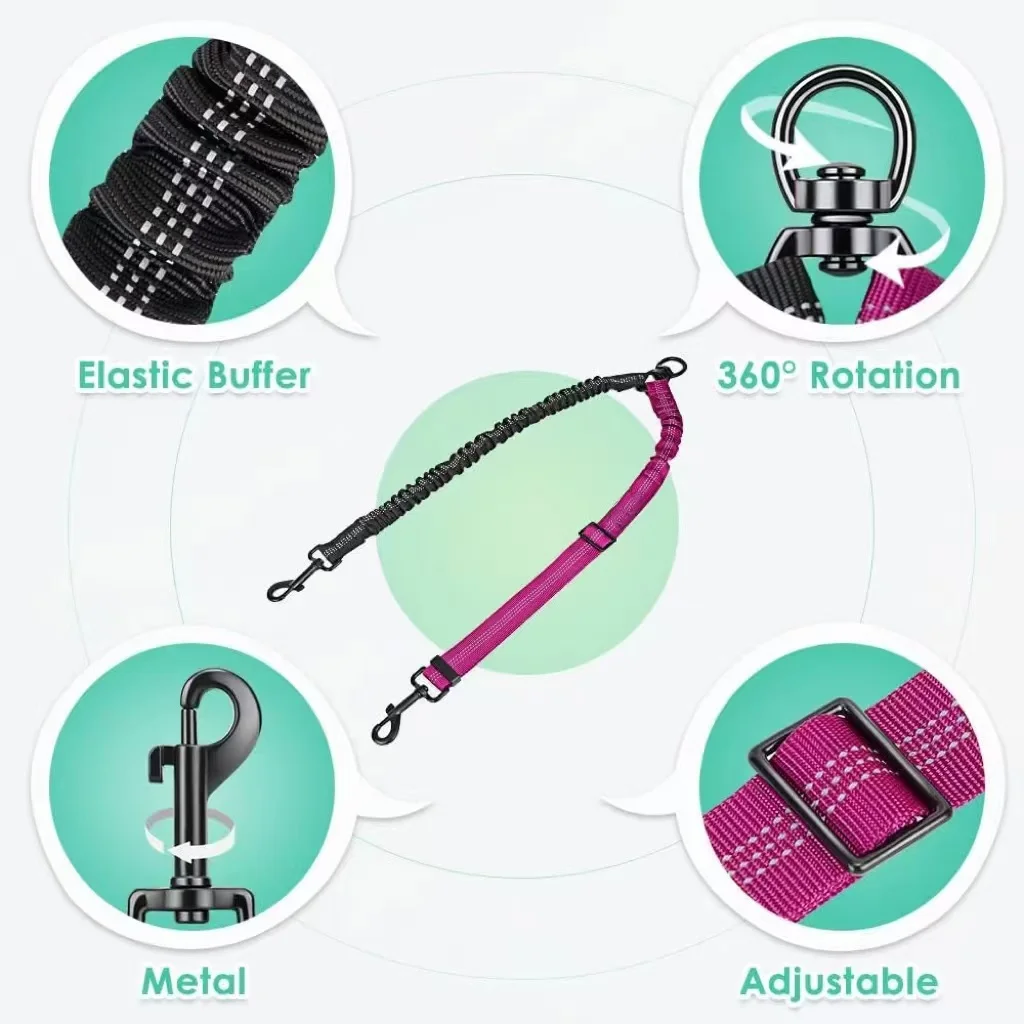 مرفق مقود كلب مزدوج بطول 1.6 قدم - مقاود مزدوجة لتدريب الكلاب الصغيرة إلى الكبيرة - حزام قابل للتعديل ممتص للصدمات