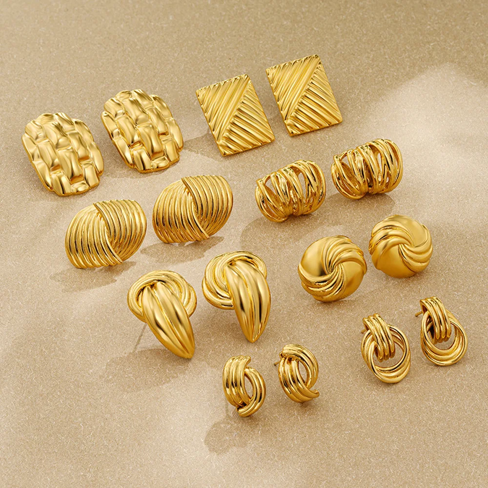 Vintage Paslanmaz Çelik Geometrik Çizgili Doku Büyük Damızlık Küpe Kadınlar için Çok Katmanlı Hollow Geniş Hoop Kare Küpe Takı