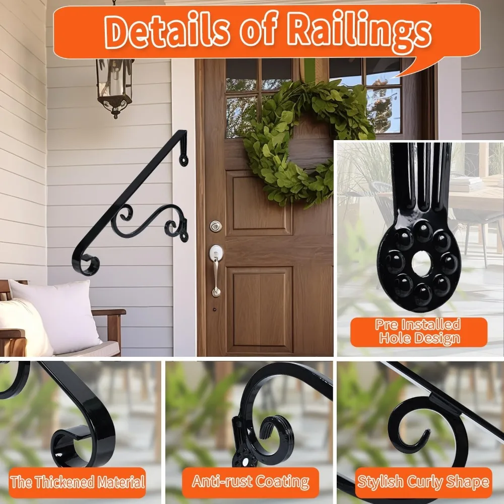 درابزين الشرفة المصنوعة من الحديد المطاوع لخطوات 1-2 - درابزين سلالم سوداء مع دعم واحد، مثالي للمدخلات الخارجية وآمن #3