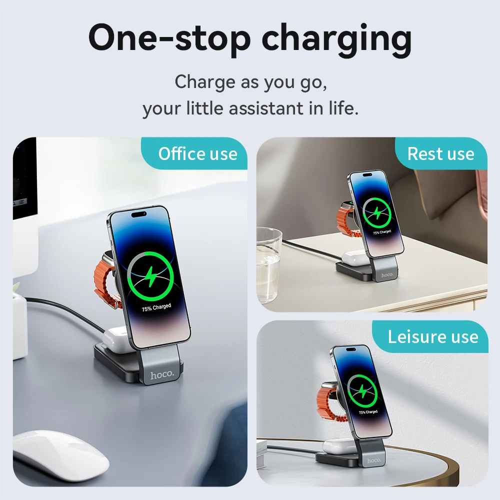 HOCO CQ3 3-in-1 Folding Magnetic Wireless Fast Charger Stand Holder For Iphone16 15 14 Pro Mobile Phones Watch Wireless Charging view 5
