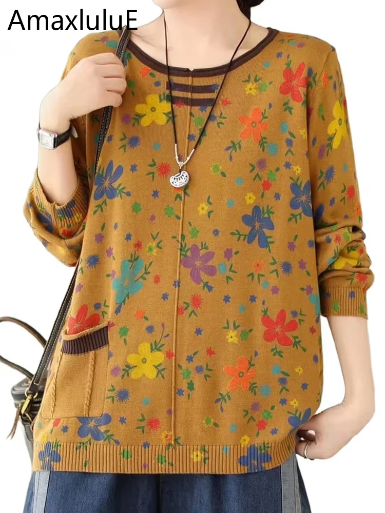 

Amax luluE 2024 Winter Womens Fashion Korean Sweaters Loose Causal Warm Knitwear Printed Floral O Neck Pullover Big Size Jumpers