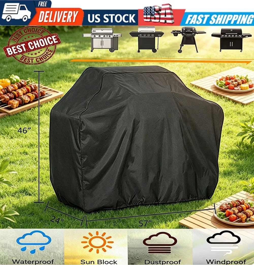 57 Inch BBQ Gas Grill Cover Waterproof Heavy Duty UV Resistant Outdoor Barbecue Cover with Air Vents Straps for Patio Backyard