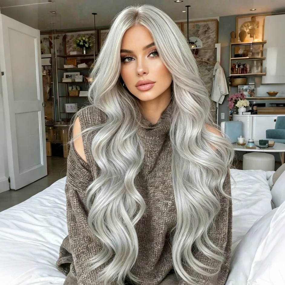 synthetic lace front wig, natural gray water ripple women's wig, glue-free 13x4 transparent lace front wig, synthetic heat